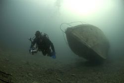 Mark Thomas with wreck,Capernwray.10.5mm lens. by Derek Haslam 